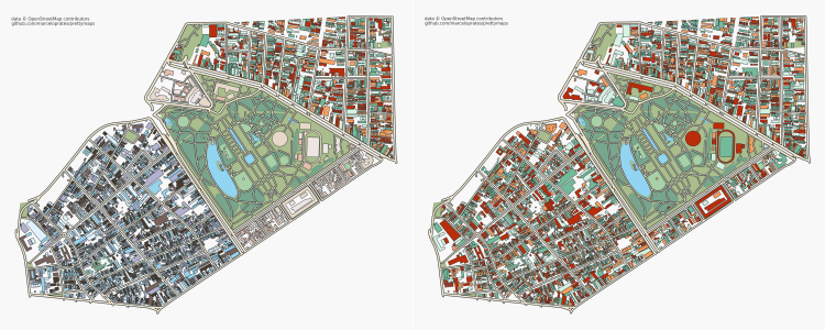 Deux exemples de coloration des couches de données par Prettymaps